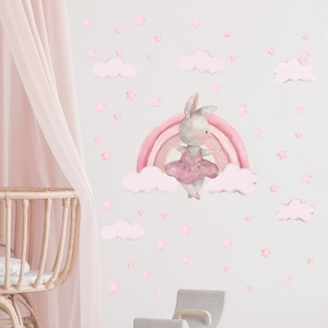 Détail de stickers muraux avec lapin rose et arc-en-ciel pour chambre d'enfant