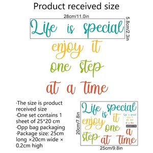 Size guide for colorful inspirational wall stickers showing dimensions 25x20cm and packaging