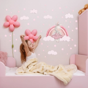 Stickers muraux lapin rose et arc-en-ciel pour chambre de fille avec étoiles et nuages