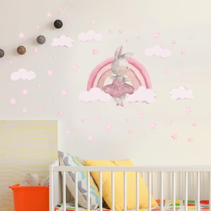 Vue détaillée du lapin rose et de l'autocollant mural arc-en-ciel pour chambre d'enfant