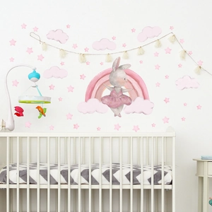 Détail de stickers muraux lapin rose et arc-en-ciel pour décor de chambre d'enfant