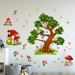 Cartoon forest wall stickers with a large tree, mushroom house and fairies for kids room