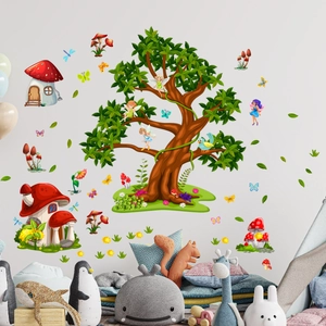 Detail of forest mushroom house and fairy wall stickers in a cozy nursery playroom