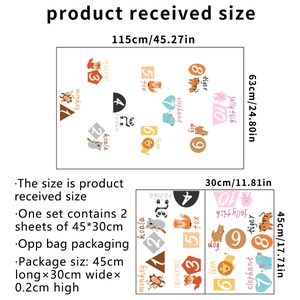Detail view of cartoon animal and number stickers showing dimensions for kids' room decor