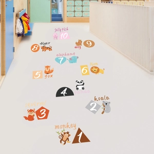 Cartoon animal number floor stickers for kids room featuring numbered hopscotch patterns