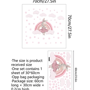 Stickers muraux lapin rose et arc-en-ciel pour chambre fille, décor PVC dessin 70x70cm