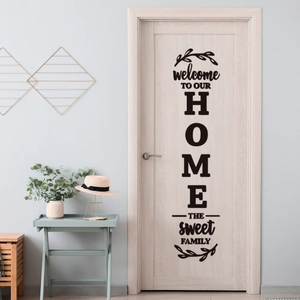 Vertical Welcome To Our Home sweet family black PVC door sticker in modern interior