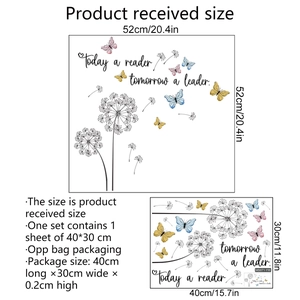 Detail showing dandelion butterfly wall decal layout and motivational text dimensions