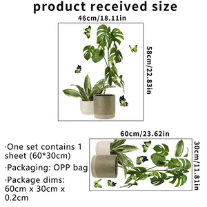Detailed size guide for green plant wall stickers showing package and layout dimensions