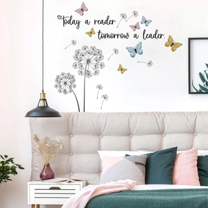 Detail of dandelion wall sticker with colorful butterflies and motivational quote