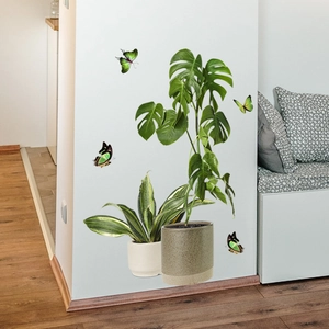 Realistic green plant wall decals featuring Monstera and butterfly for living room decor