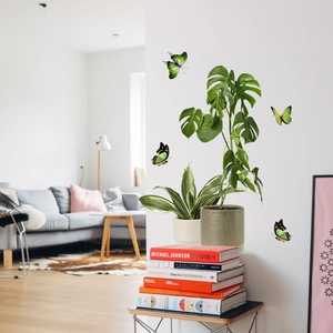 Green Plant Potted Wall Stickers PVC Self Adhesive Realistic Monstera Leaves With 3D Butterflies Home Decor Nordic Style