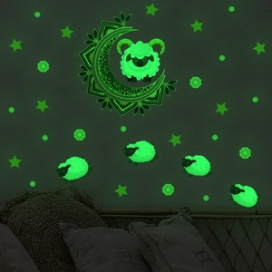 Luminous moon sheep and stars wall stickers for bedroom with glowing green effect