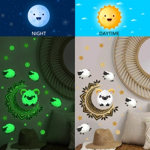 Glow-in-the-dark moon and sheep wall stickers showing day and night luminous effect