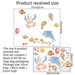 Cartoon sea animal wall decals with dimensions and layout for bathroom decoration