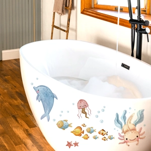 Cartoon Marine Animal Bathtub Stickers Waterproof PVC Axolotl Dolphin Bathroom Wall Decor Self Adhesive Decals