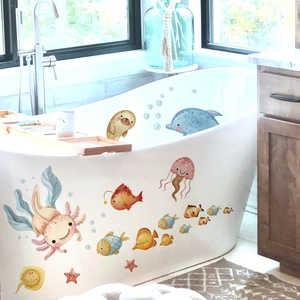 Cartoon ocean animal wall stickers for bathroom featuring axolotl and colorful fish decals