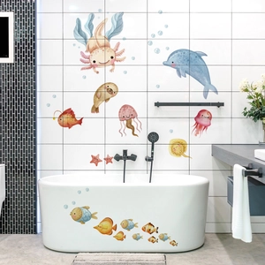 Self-adhesive watercolor ocean animal wall decals for bathroom and bathtub decoration
