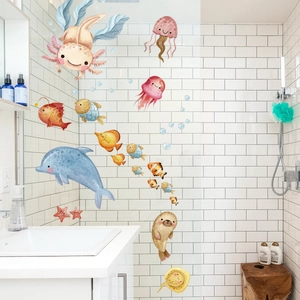 Waterproof ocean sea animal wall stickers with cartoon dolphins on shower glass door
