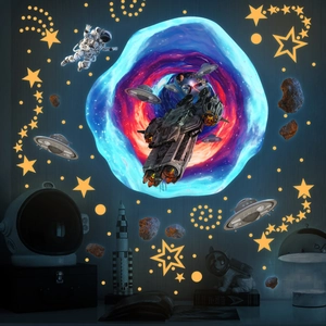 3D space wormhole wall stickers with astronaut and UFO for sci-fi bedroom decoration