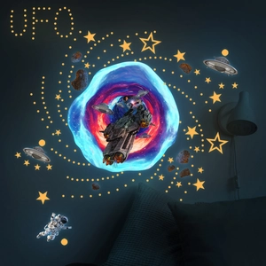 Luminous space wall stickers showing glowing astronaut and colorful wormhole in the dark