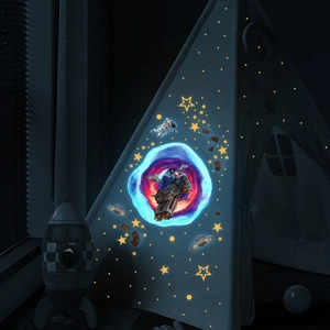 Luminous space wall stickers featuring astronaut spaceship and wormhole portal in the dark