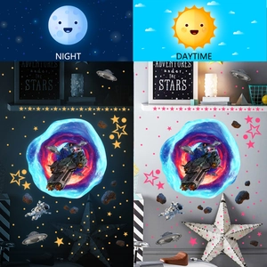 Luminous space wall stickers showing night glow and daytime effects for kids' rooms