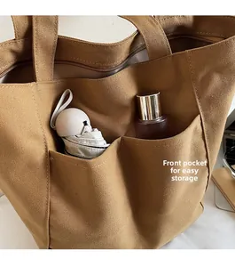 Brown nylon tote bag detail with front pockets for easy storage of umbrella and cosmetics