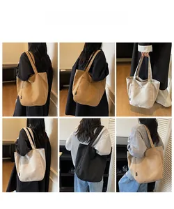 Three-color minimalist canvas tote bags displayed in a lifestyle collage for daily use