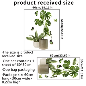 Tropical green plant wall stickers with monstera and butterfly for home decoration