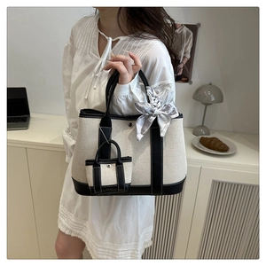 Canvas garden tote bag with black leather trim, heart pattern scarf and mini bag charm