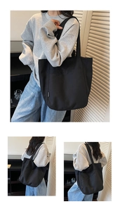 Front and back views of a large black canvas tote bag with a fashion woven label