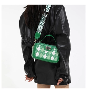 Detail of green and white plaid camera bag with adjustable wide geometric woven strap