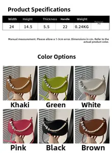 Detailed view of candy colored PU underarm bags with heart chains and pearl handles