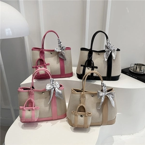 Chic canvas garden tote bags set with colorful leather trim and matching mini pouches
