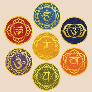Macro detail of seven chakra mandala wall stickers with gold trim and Sanskrit symbols