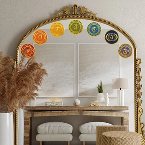 Close-up of golden chakra lotus wall stickers with Sanskrit symbols for yoga meditation