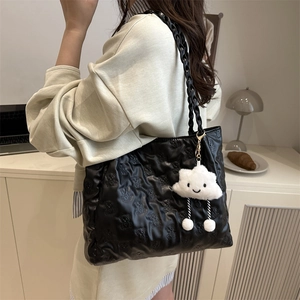 Large Capacity PU Leather Bear Embossing Tote Bag With Braided Handle Women Fashion Casual Shoulder Bag Daily Handbag