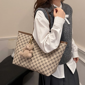 Vintage patterned large tote bag with leather handles and teddy bear charm for women