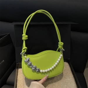Women Fashion PU Leather Underarm Bag With Heart Artificial Pearl Chain Decoration Wave Edge Knotted Shoulder Strap Half Moon Bag