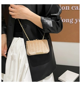 Detail of luxury champagne gold textured crossbody bag with gold chain and metal buckle