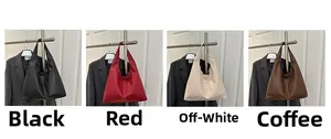 Comparison of leather tote bag colors in black, red, cream, and brown options
