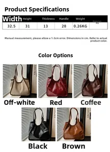 Size chart showing large PU leather tote bag dimensions 32.5x31x13cm for women