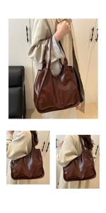 Three-way view of a large dark coffee tote bag made of glossy oil wax leather material