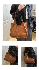 Detail view showing glossy brown tote bag material and spacious commuter shoulder bag design