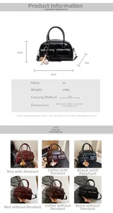 Detailed size specifications for the patent leather boston bag with baseball charm detail