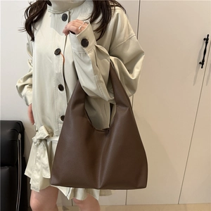 Minimalist dark brown litchi pattern leather hobo bag for women with large capacity