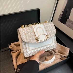 Sac Bandoulière Femme en Tweed et Cuir PU Épissure Chaîne Dorée Sac à Épaule Carré Rétro à Rabat Sac à Main Élégant de Soirée