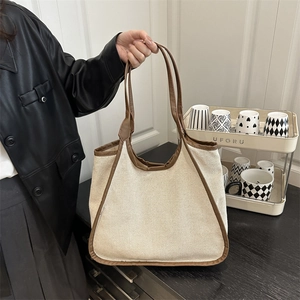 Large Capacity Tote Bag PU Leather And Canvas Minimalist Korean Style Commuter Shoulder Handbag For Women