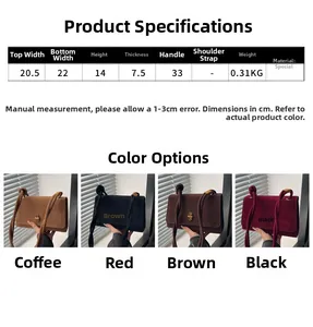 Size guide for minimalist shoulder bag with dimensions and four color options shown